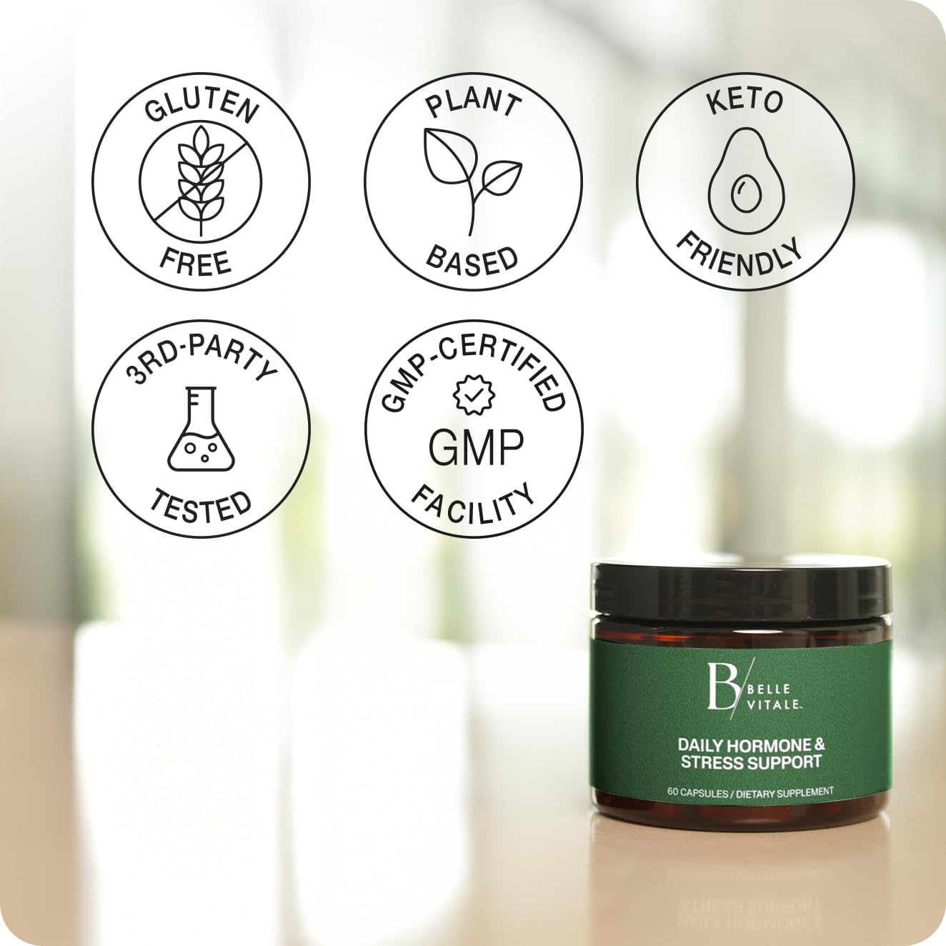 BODi Belle Vitale Duo bottle on night routine setup suggesting focus.