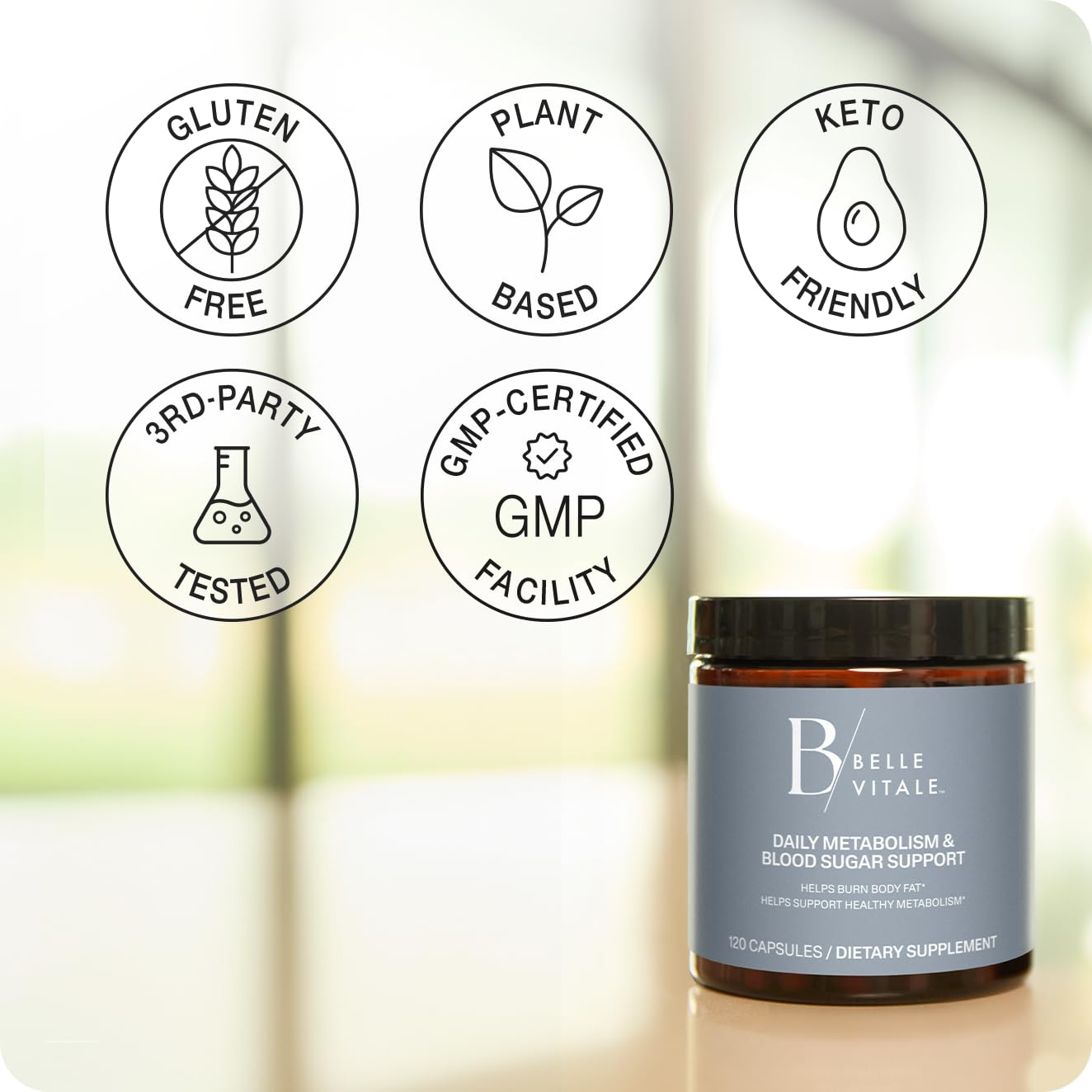 BODi Belle Vitale Duo with glass of water for easy daily metabolism support.
