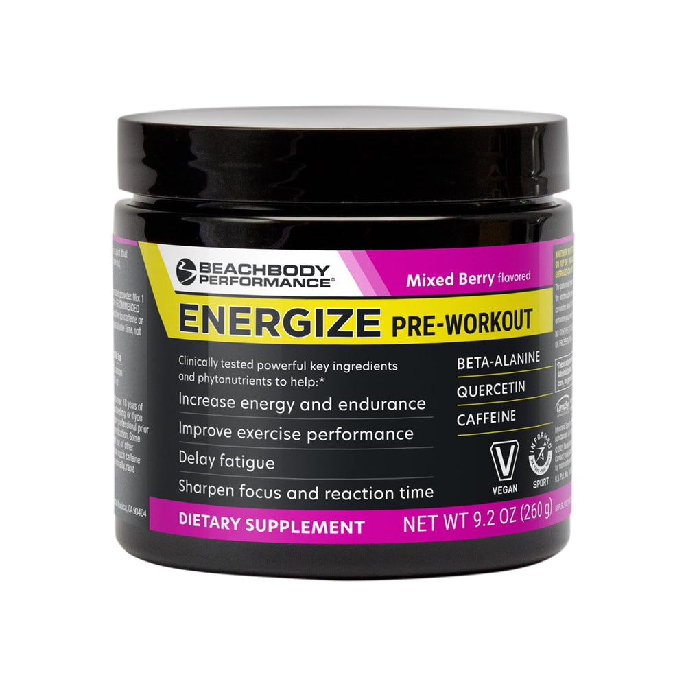 BODi Energize pre-workout tub front with mixed berry formula for quick energy