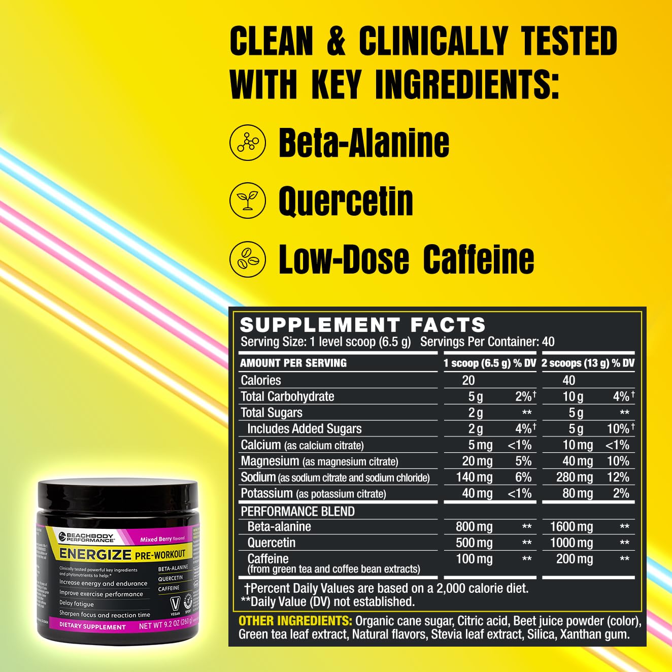 BODi Energize tub label highlighting beta-alanine and quercetin for endurance