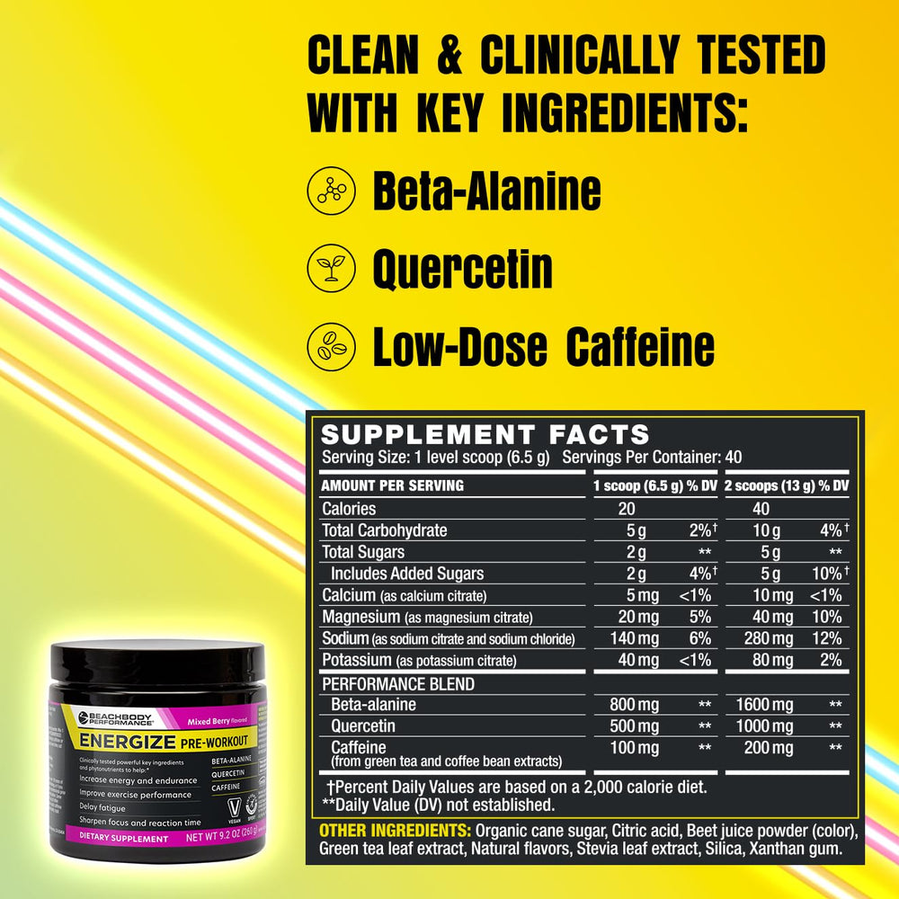 BODi Energize tub label highlighting beta-alanine and quercetin for endurance