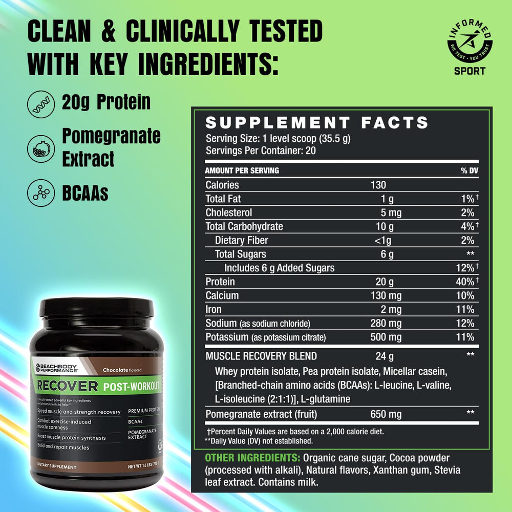 Serving scoop of BODi Recover chocolate whey for muscle repair post-exercise