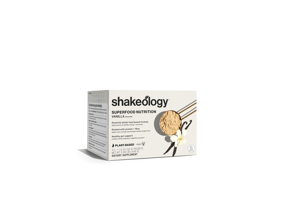BODi Shakeology vanilla nutrition panel highlighting protein and fiber content.