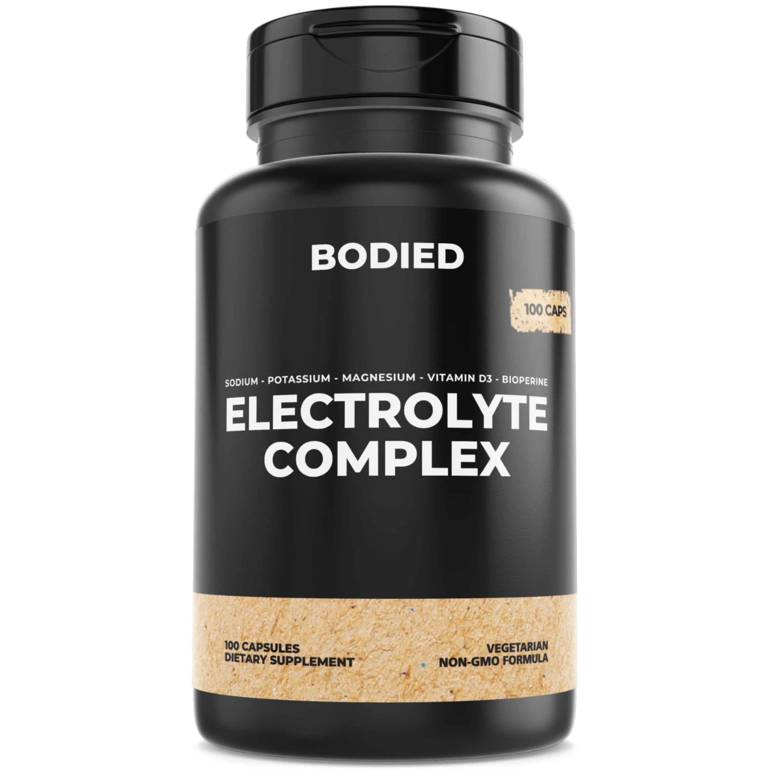Bottle of BODIED Electrolyte Complex Capsules for convenient, zero-calorie hydration.