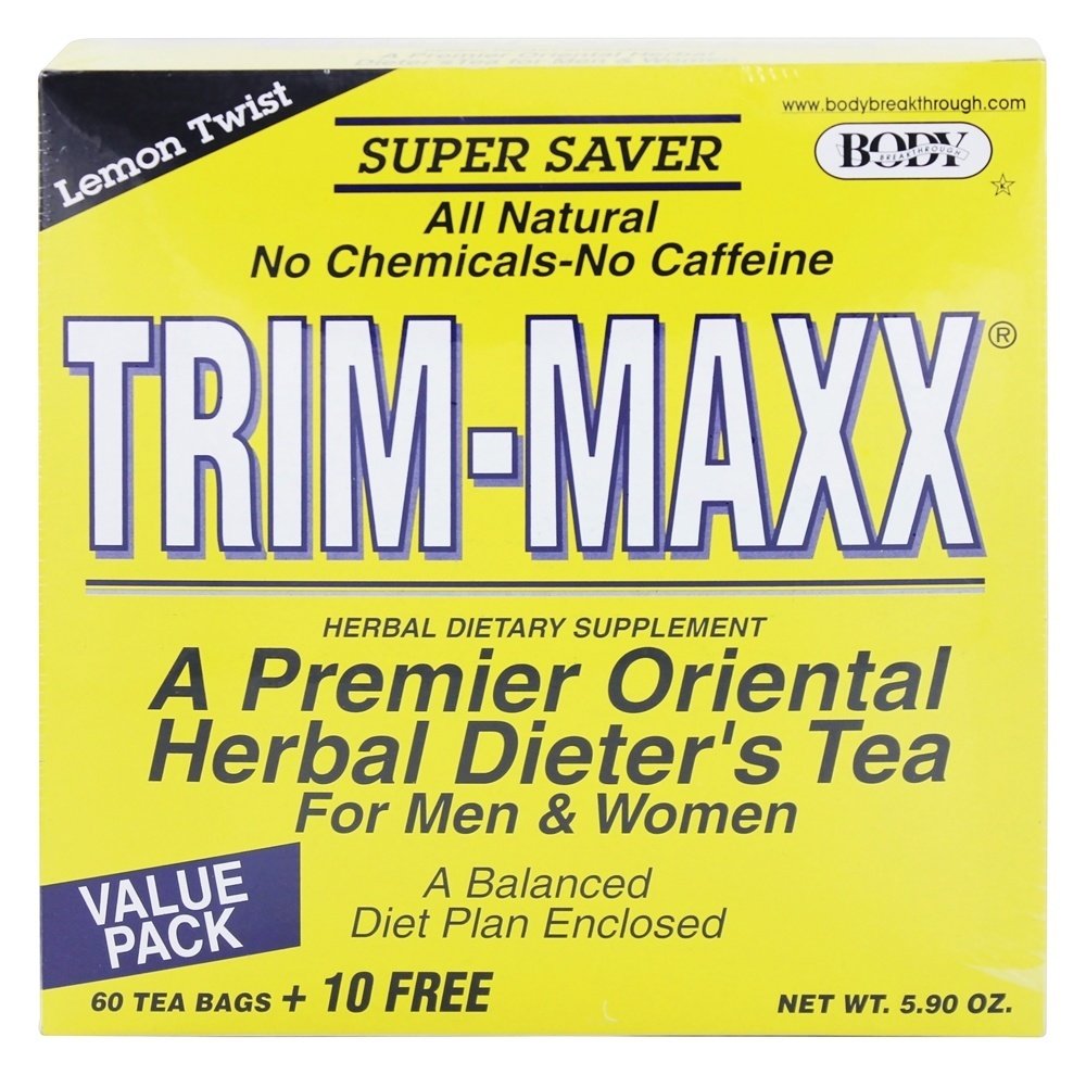 Body Brkthrough Trim-Maxx Lemon Twist tea bags offer caffeine-free refreshment.