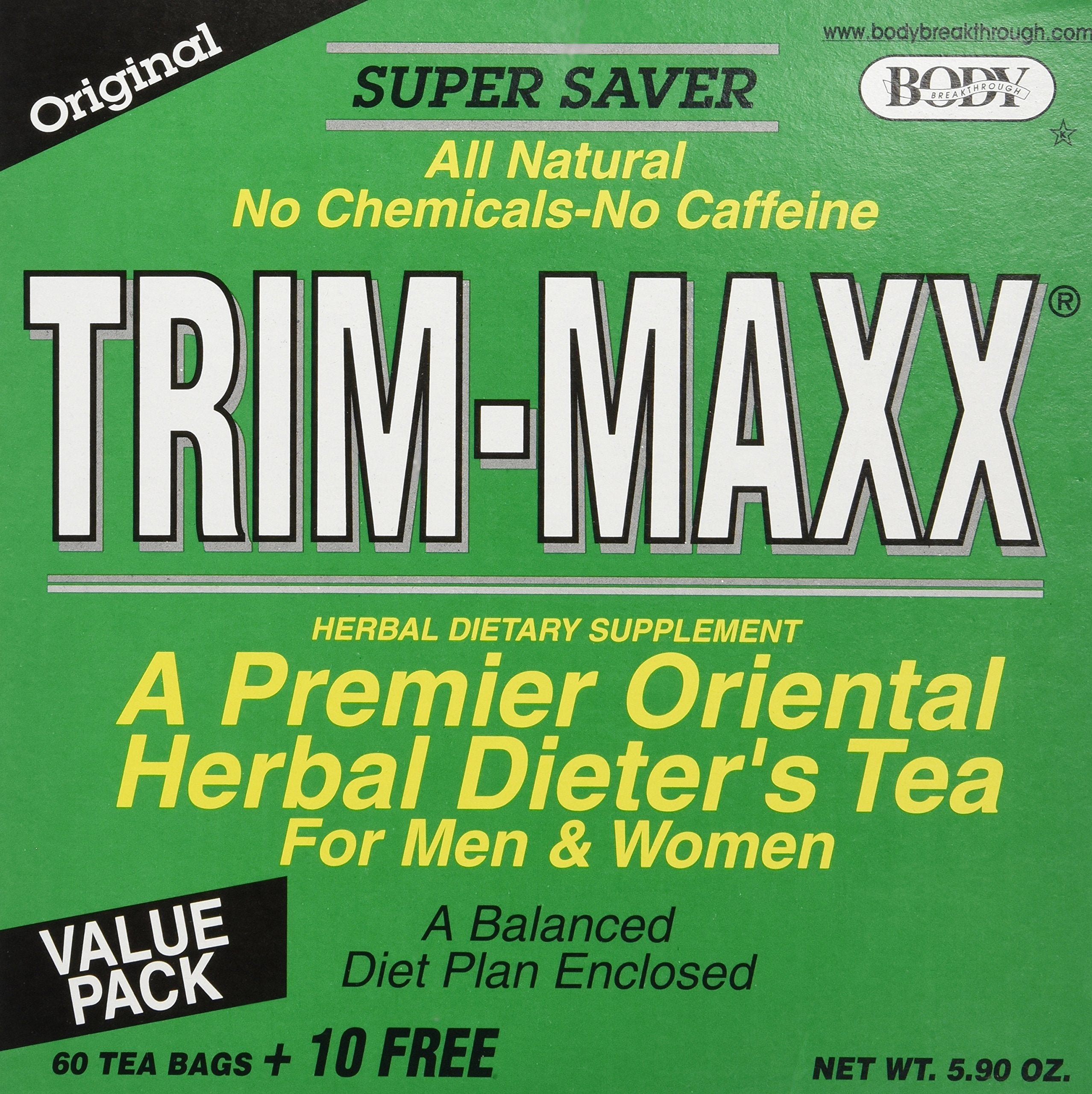 Body Brkthrough Trim-Maxx Original pack shot shows 70 tea bags in a natural herbal blend.