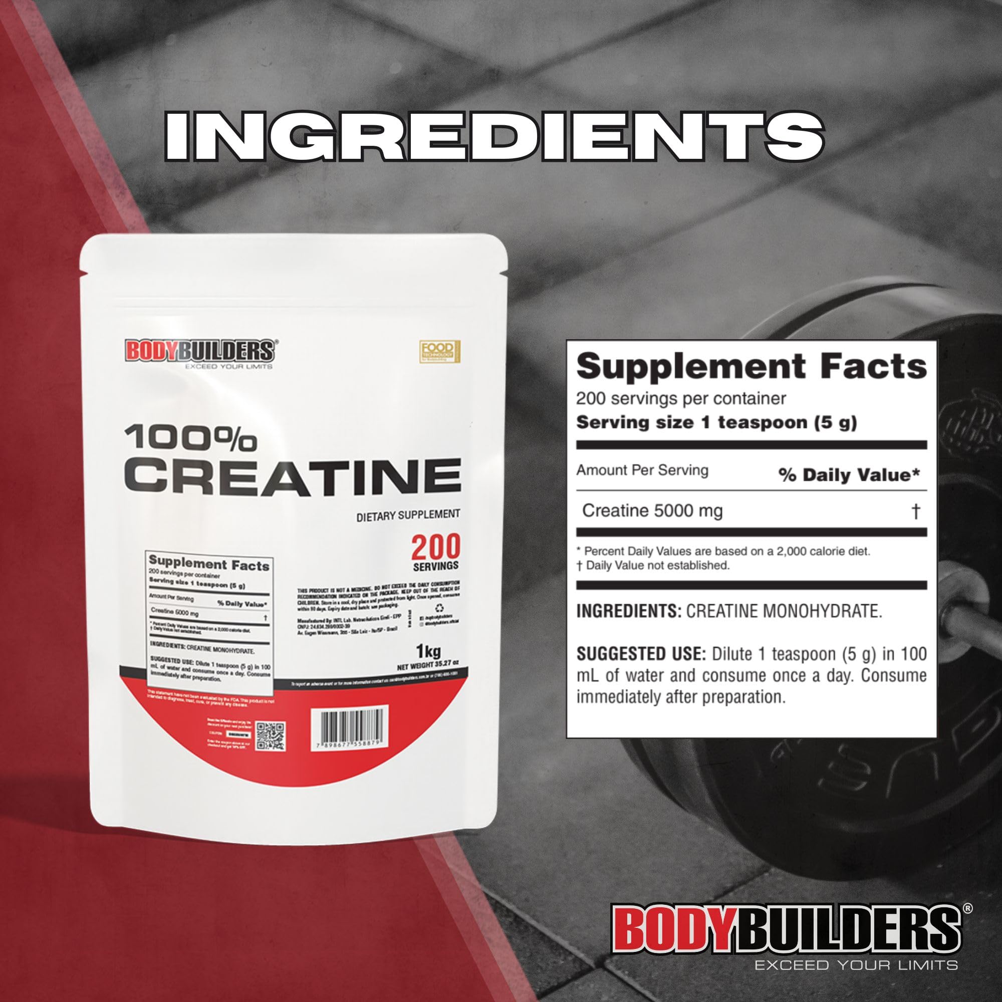 BODY BUILDERS Creatine dosage scoop displaying precise serving for consistent intake.