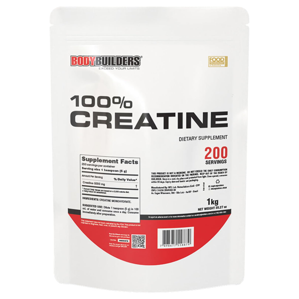 BODY BUILDERS Creatine powder jar showing unflavored formula for easy mixing.