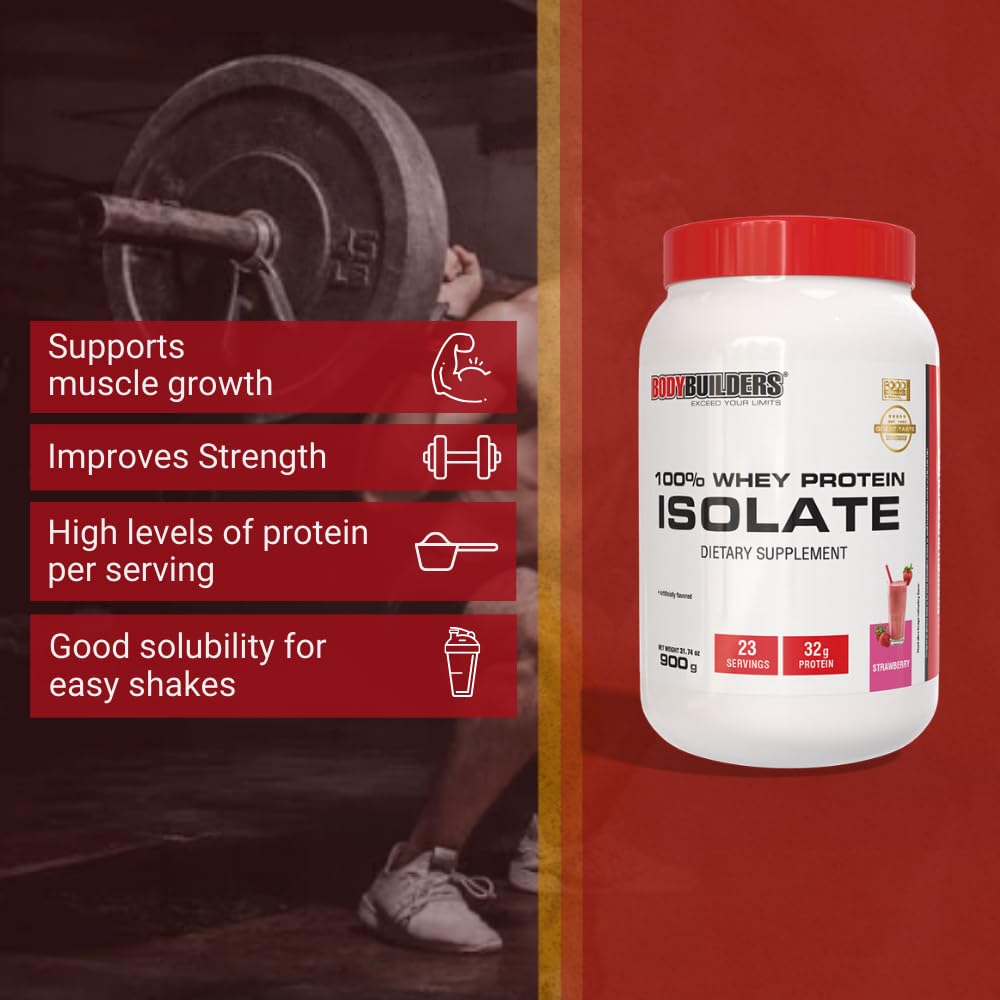 BODY BUILDERS strawberry whey on kitchen counter with fruit and oats