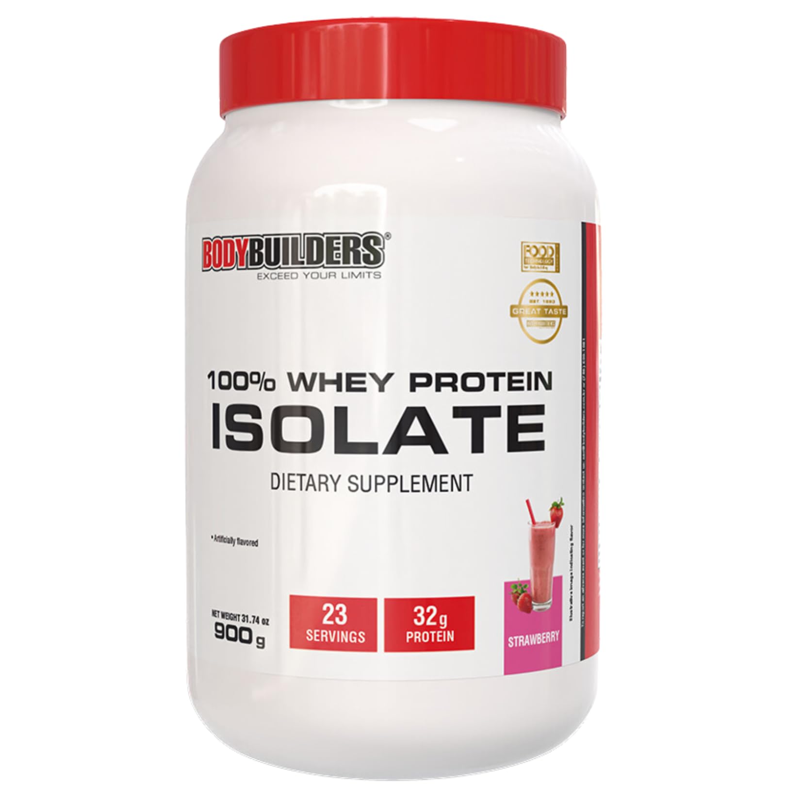 BODY BUILDERS strawberry whey isolate bottle highlights high-protein lean gains
