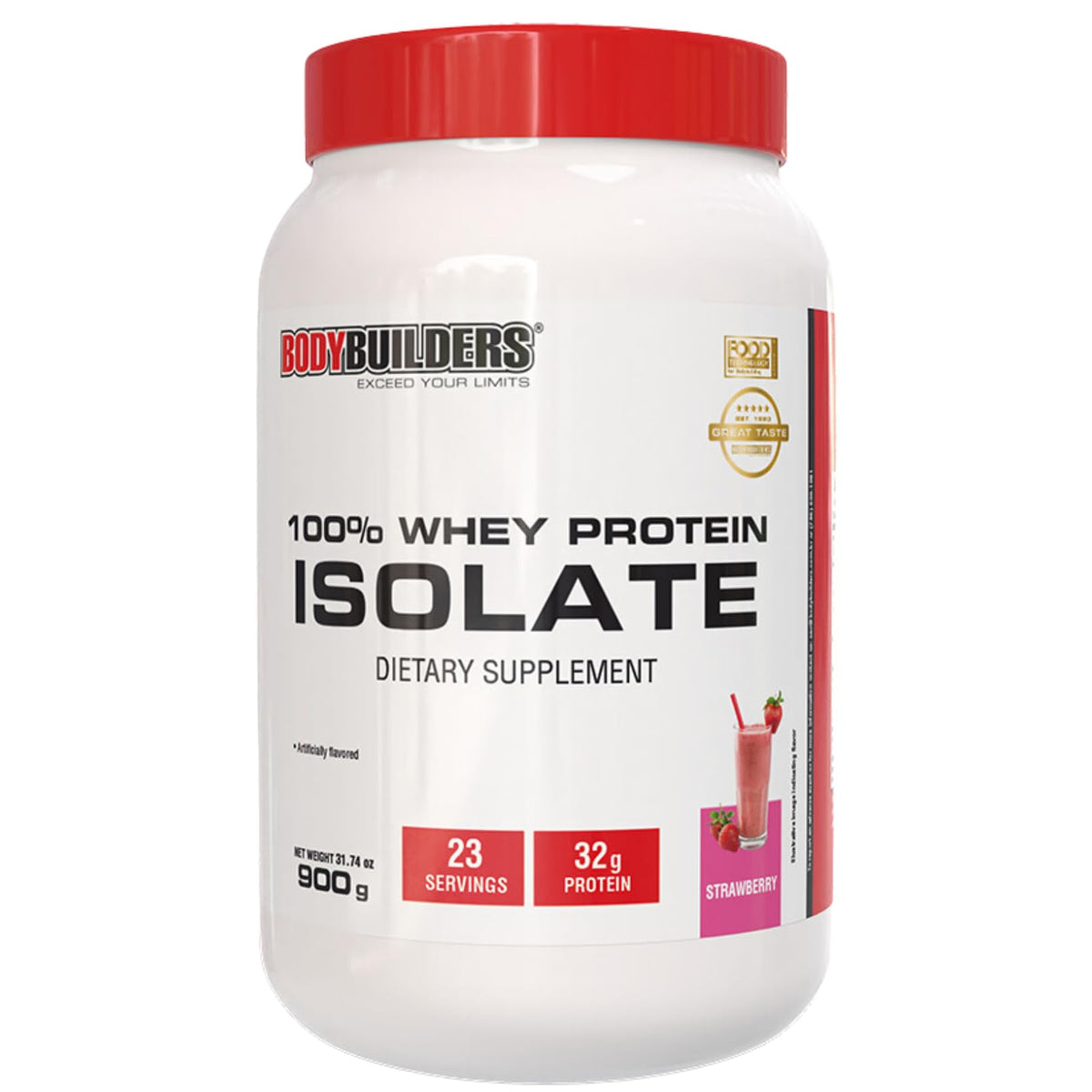BODY BUILDERS strawberry whey isolate bottle highlights high-protein lean gains