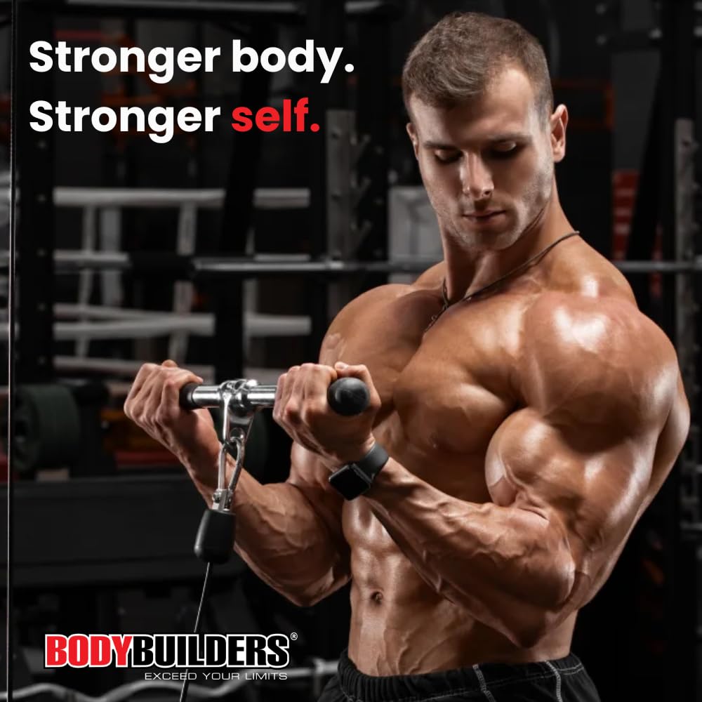 BODY BUILDERS strawberry isolate serving on countertop with nutrition details