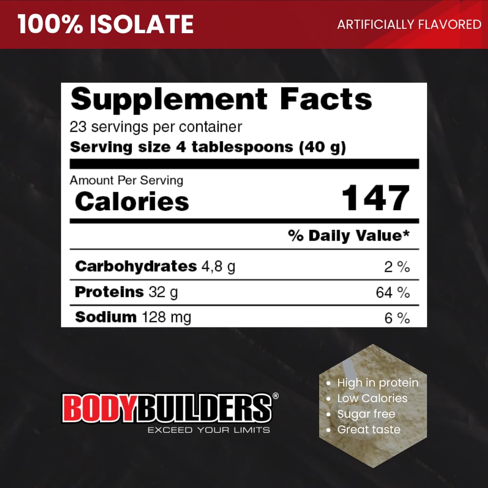 BODY BUILDERS whey isolate label conveys purity and ingredient focus