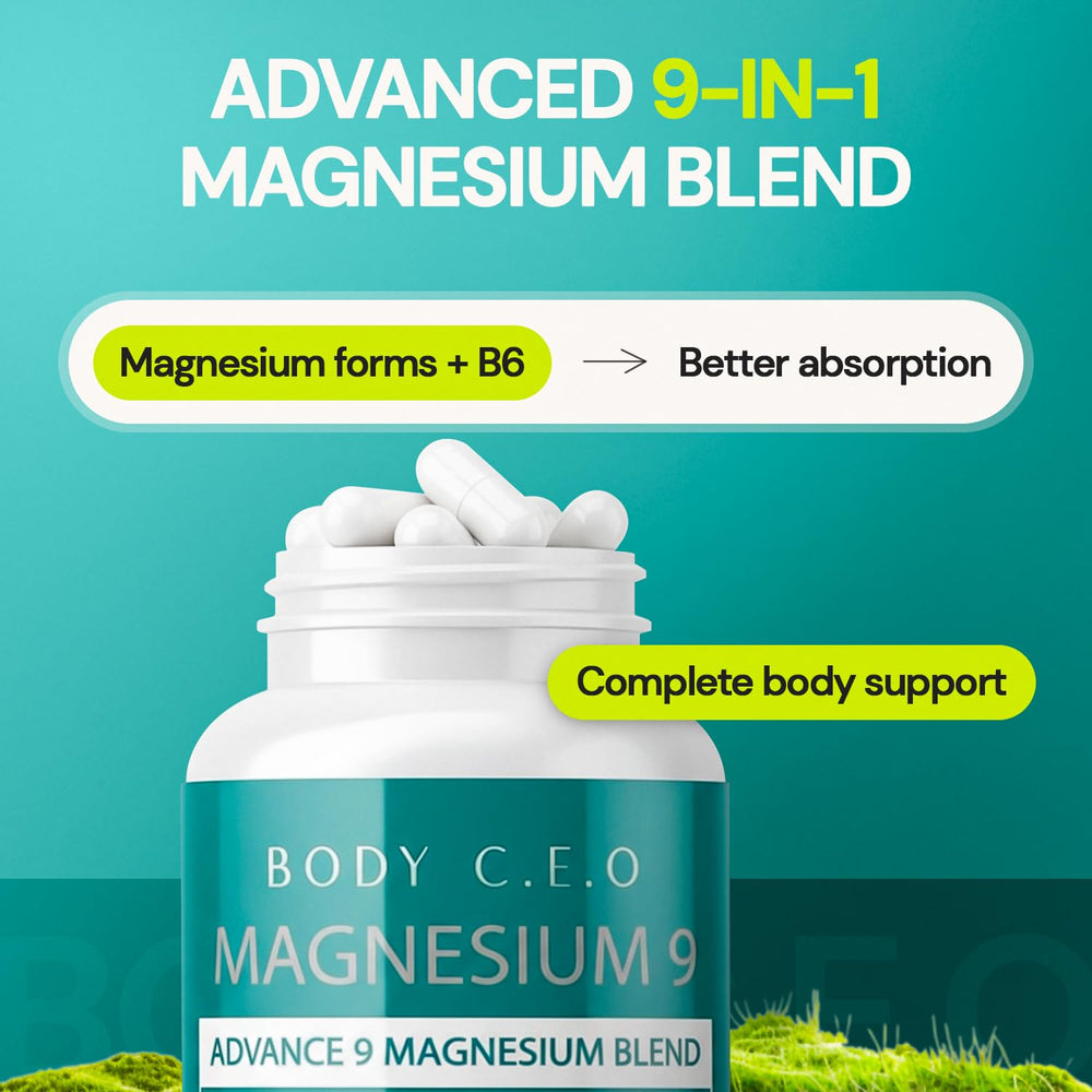 Body C.E.O. Magnesium 9 bottle on vanity for a calm self-care routine