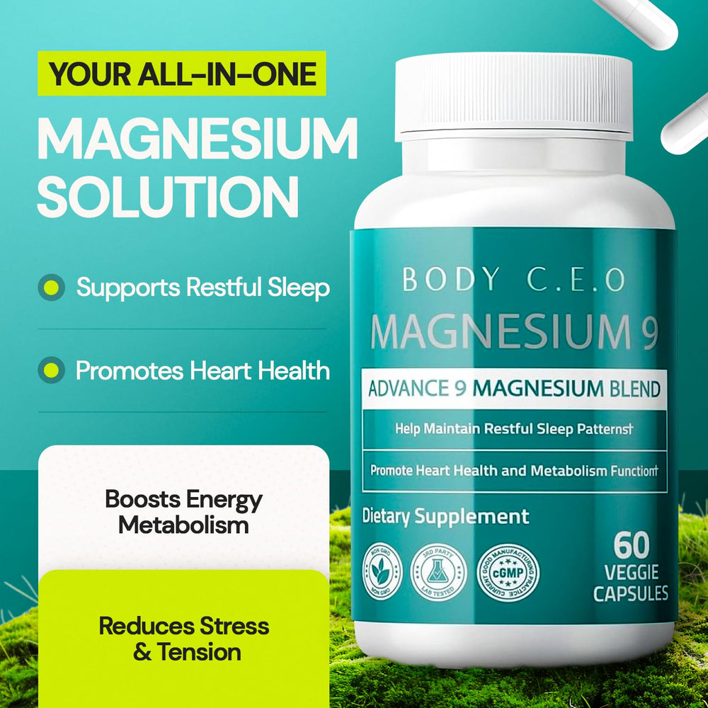 Body C.E.O. Magnesium 9 label on bottle presenting nine forms for balanced daily wellness