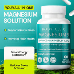 Body C.E.O. Magnesium 9 label on bottle presenting nine forms for balanced daily wellness