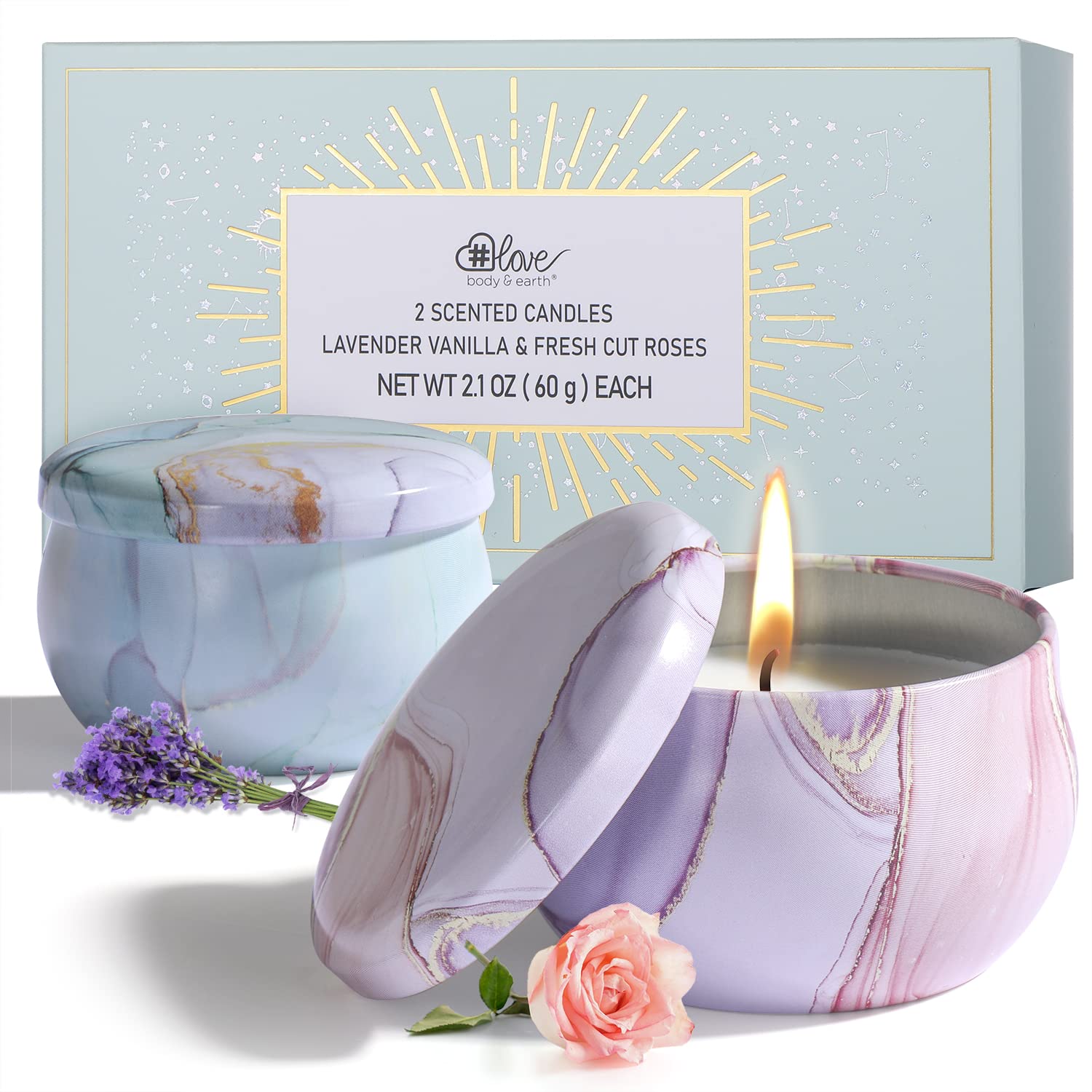 BODY & EARTH LOVE Lavender Vanilla tin candle for calming evenings at home.