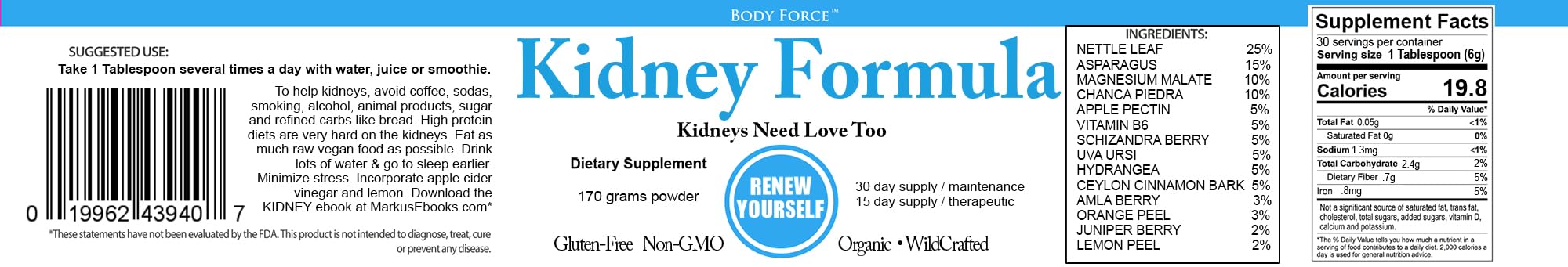 Body Force Kidney Formula dosage scoop with minerals supporting energy and clear urination.