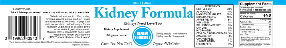 Body Force Kidney Formula dosage scoop with minerals supporting energy and clear urination.