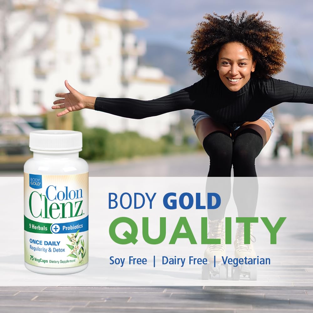 Body Gold Colon Clenz ingredient icons illustrate 9-herb blend
