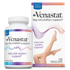 Body Gold Venastat bottle front showing leg vein support packaging and branding.