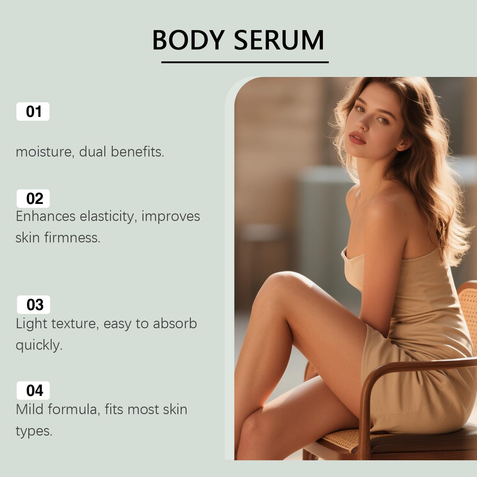Application scene shows fast-absorbing body serum blending into lotion routine.
