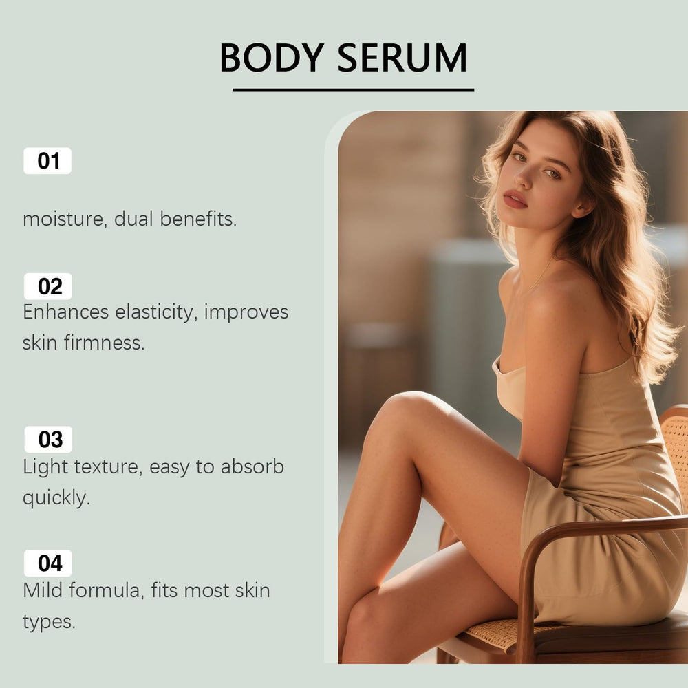 Application scene shows fast-absorbing body serum blending into lotion routine.