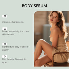 Application scene shows fast-absorbing body serum blending into lotion routine.