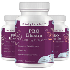 Body Kitchen Pro-Elastin bottle shows the 1000 mg capsule formula for skin support