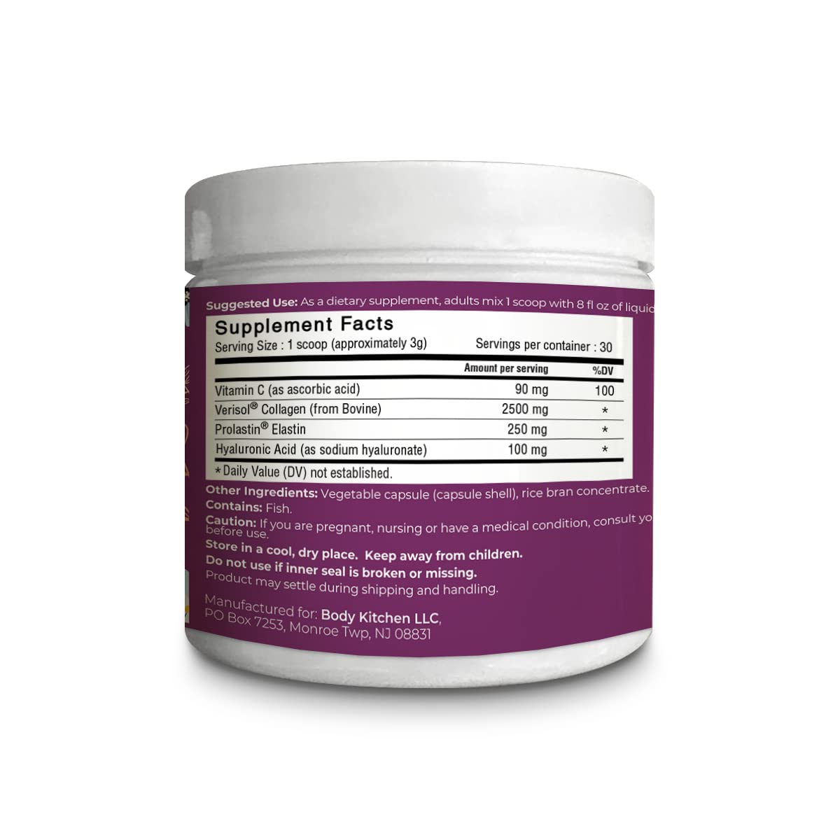 Body Kitchen unflavored powder bottle blending easily into drinks for daily skincare support