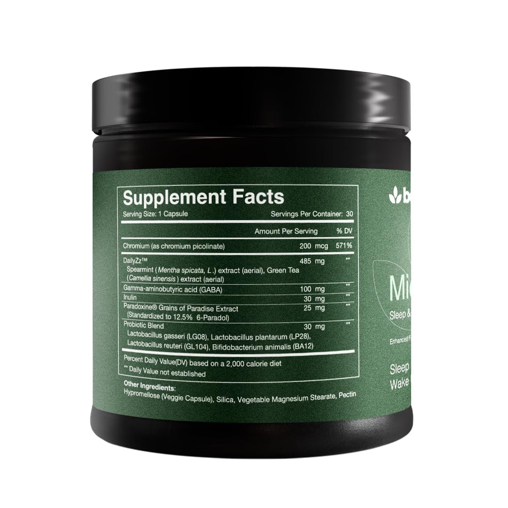 Body Leaf MidnightSlim capsules poured from bottle emphasize premium probiotic formula for digestive ease.