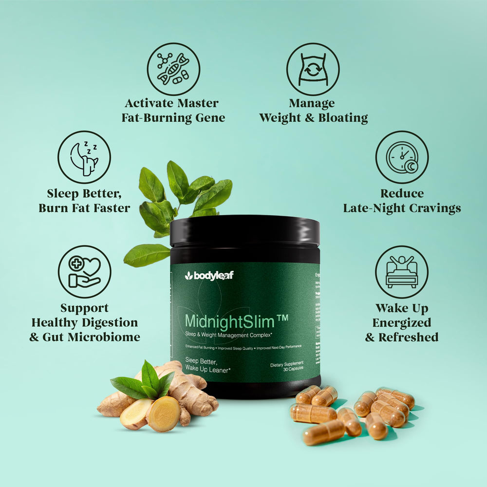 Body Leaf MidnightSlim bottle beside glass of water for easy nightly routine.