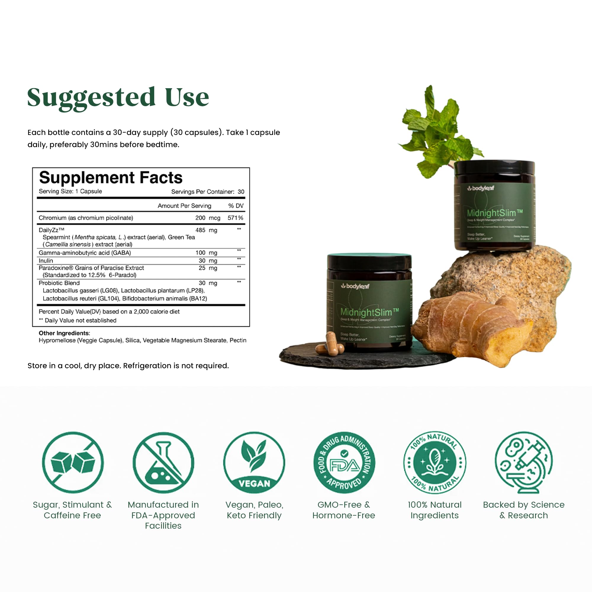 Body Leaf MidnightSlim label highlights non-GMO, gluten-free, stimulant-free formulation.