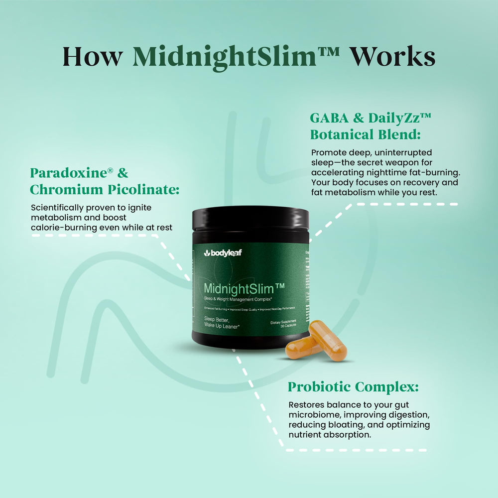 Body Leaf MidnightSlim packaging visible with GABA and DailyZz for restful sleep support.