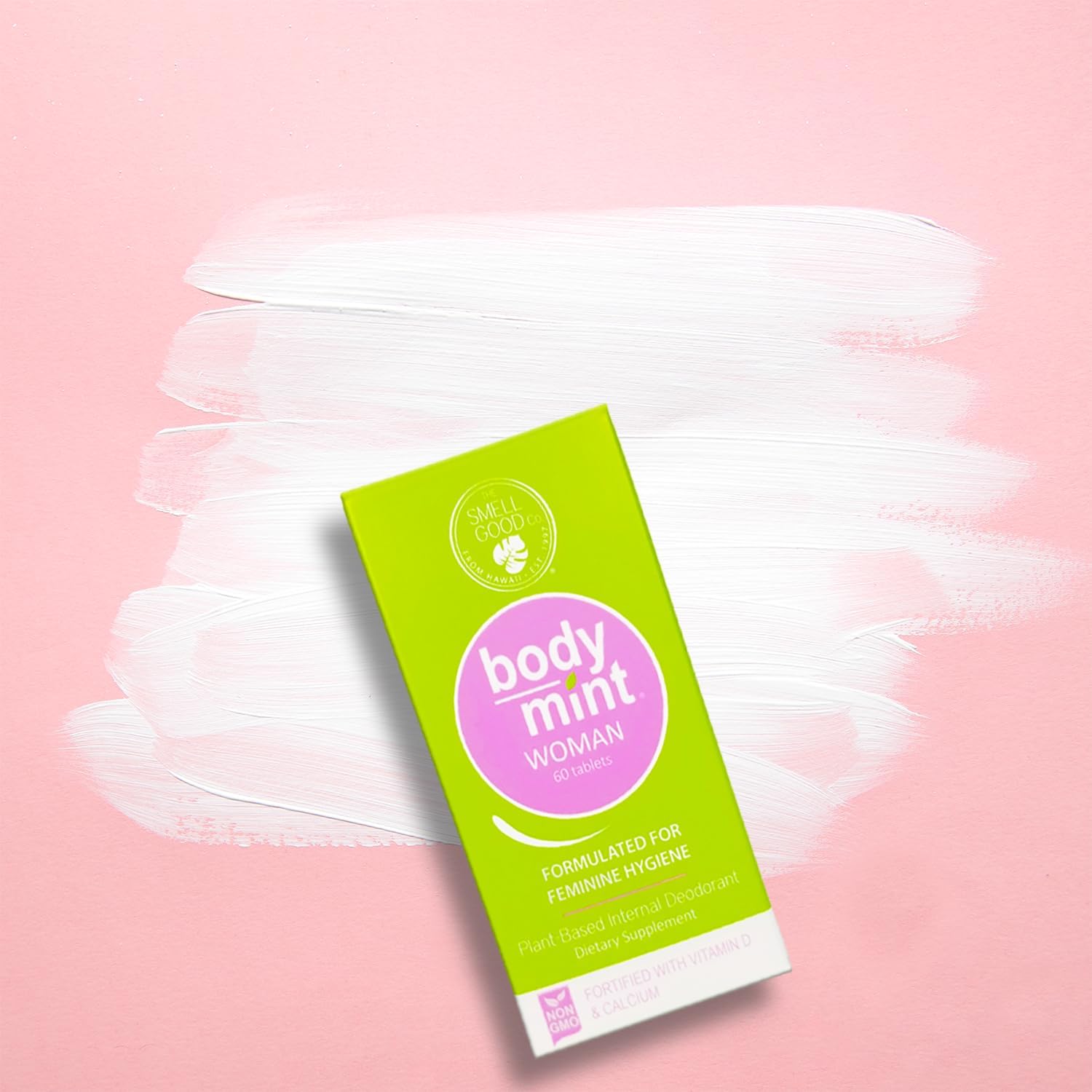 Body Mint Woman daily-use tablets illustrated for convenient, aluminum-free freshness.