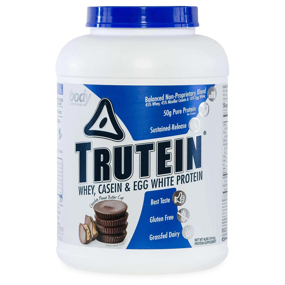 Body Nutrition Trutein bottle front, Chocolate Peanut Butter flavor, ideal for post-workout protein.