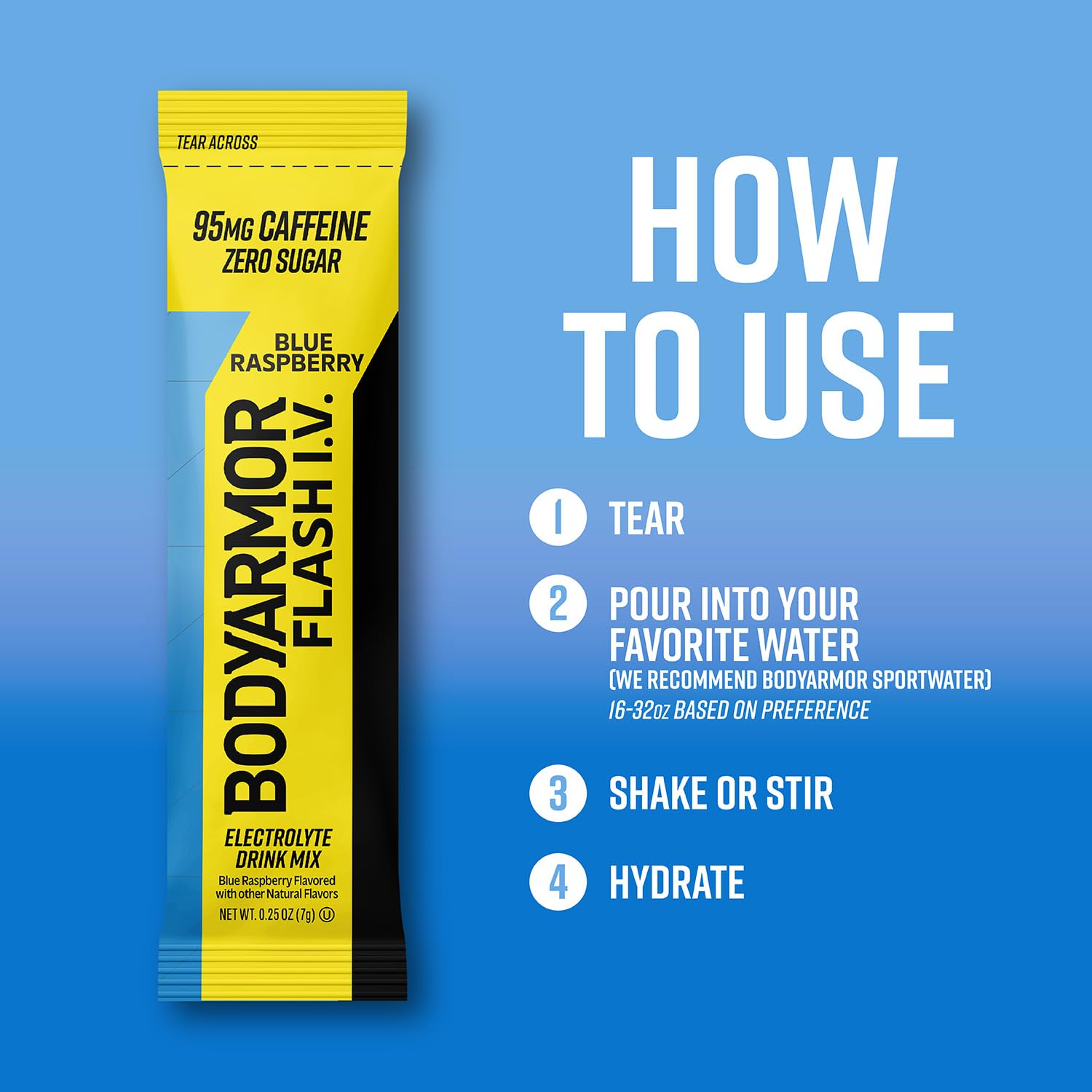 BODYARMOR Flash I.V. Blue Raspberry flavor dissolving with coconut-water base for taste.