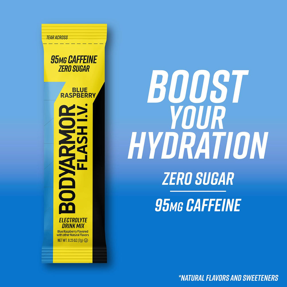 BODYARMOR Flash I.V. Blue Raspberry portable pack in gym bag.