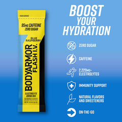 BODYARMOR Flash I.V. Blue Raspberry single-serve pack ready for travel and workouts.
