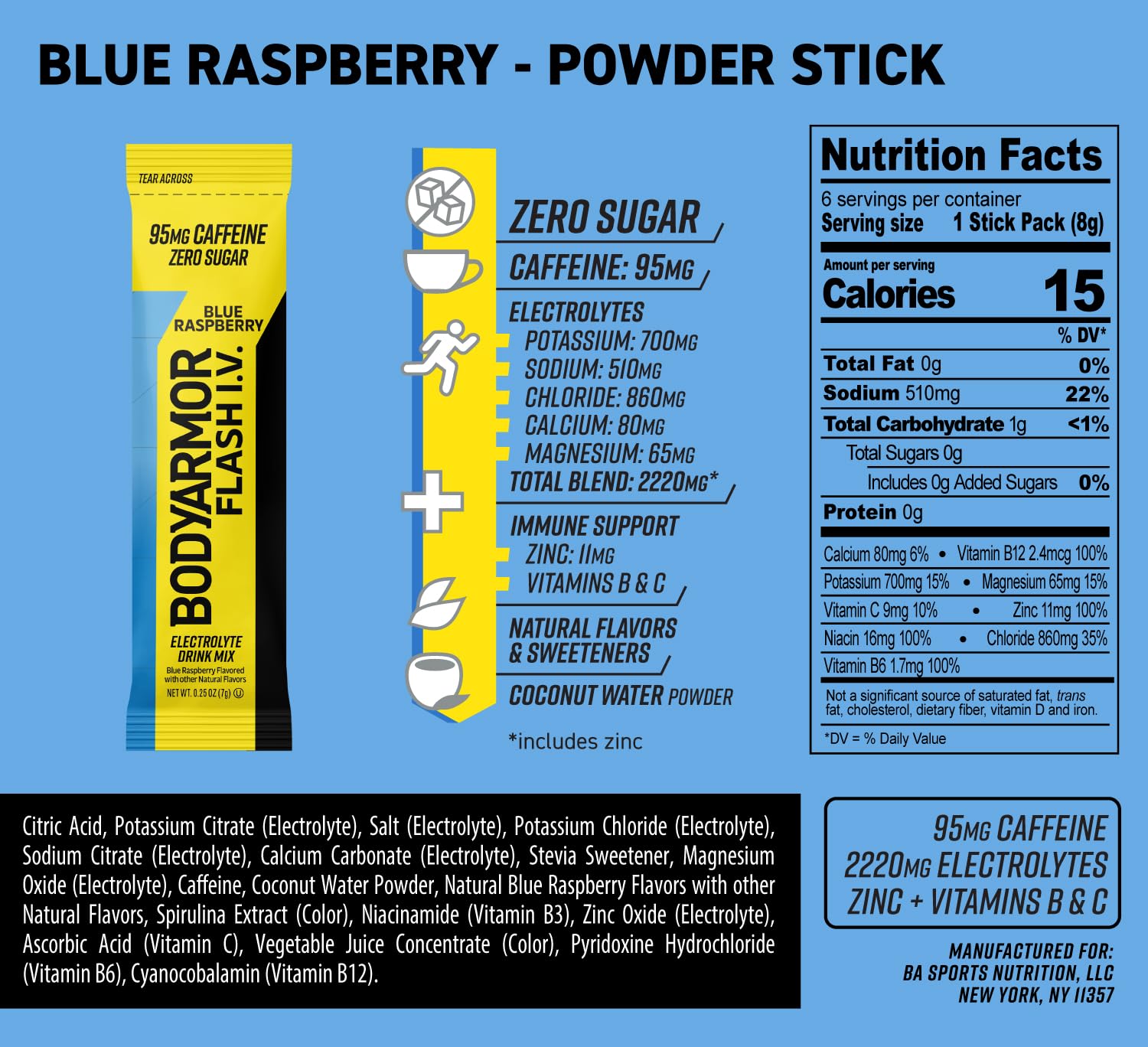 BODYARMOR Flash I.V. Blue Raspberry stick dissolving in water for a refreshing boost.