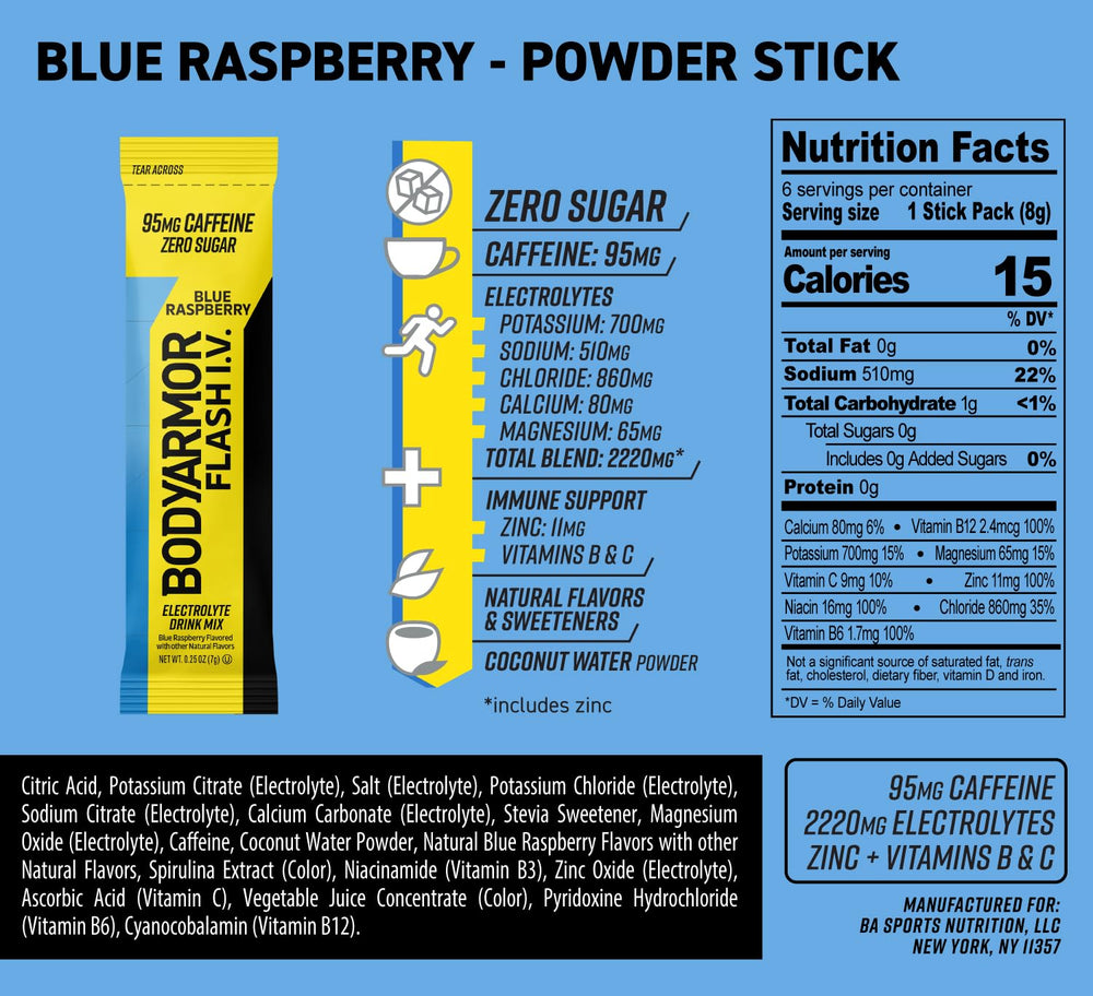 BODYARMOR Flash I.V. Blue Raspberry stick dissolving in water for a refreshing boost.