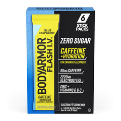 BODYARMOR Flash I.V. Blue Raspberry stick being poured into water for hydration on the go.
