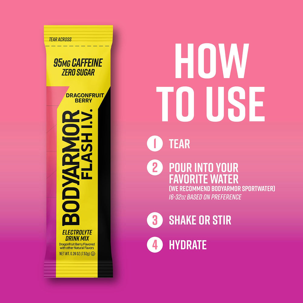 BODYARMOR Flash I.V. Dragonfruit Berry on the go use before workouts.