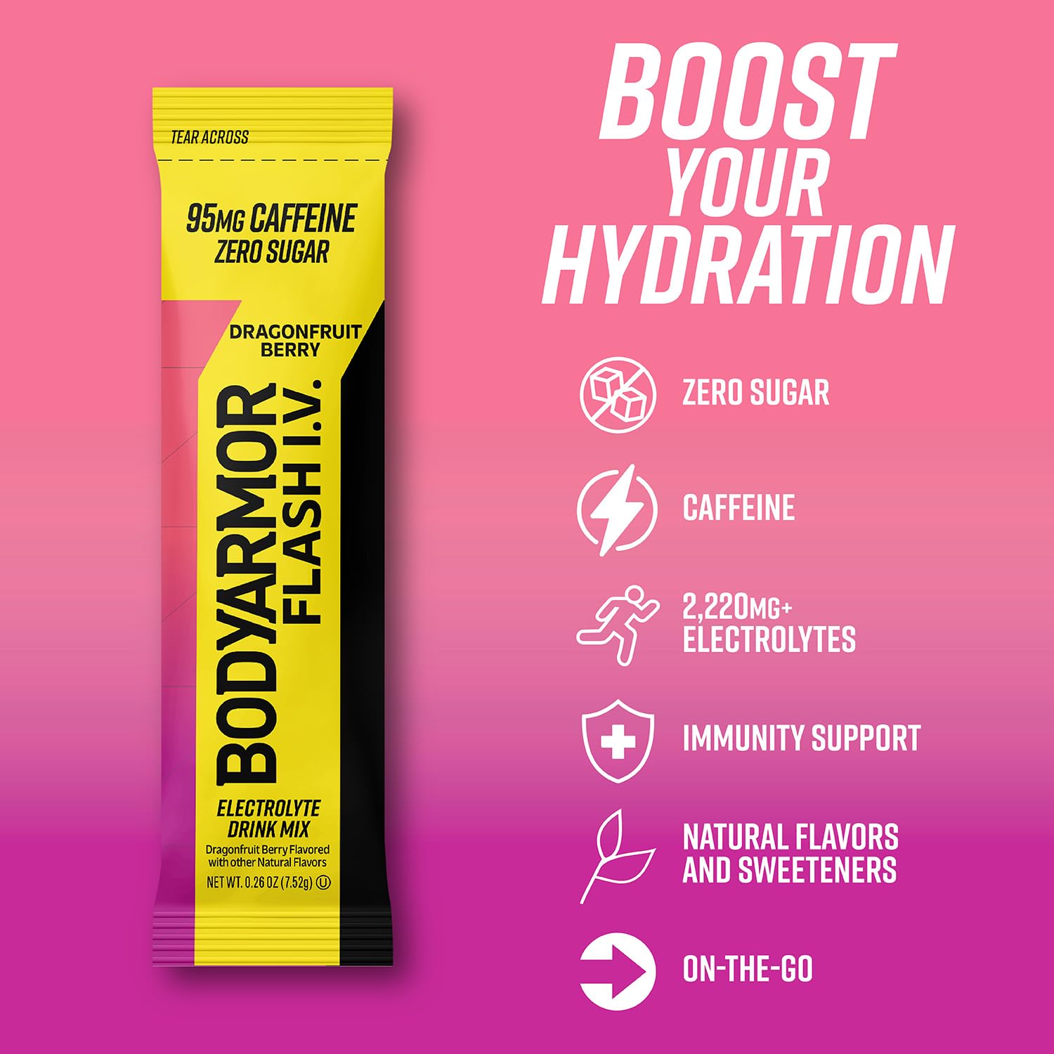 BODYARMOR Flash I.V. Dragonfruit Berry packaging shown for travel.