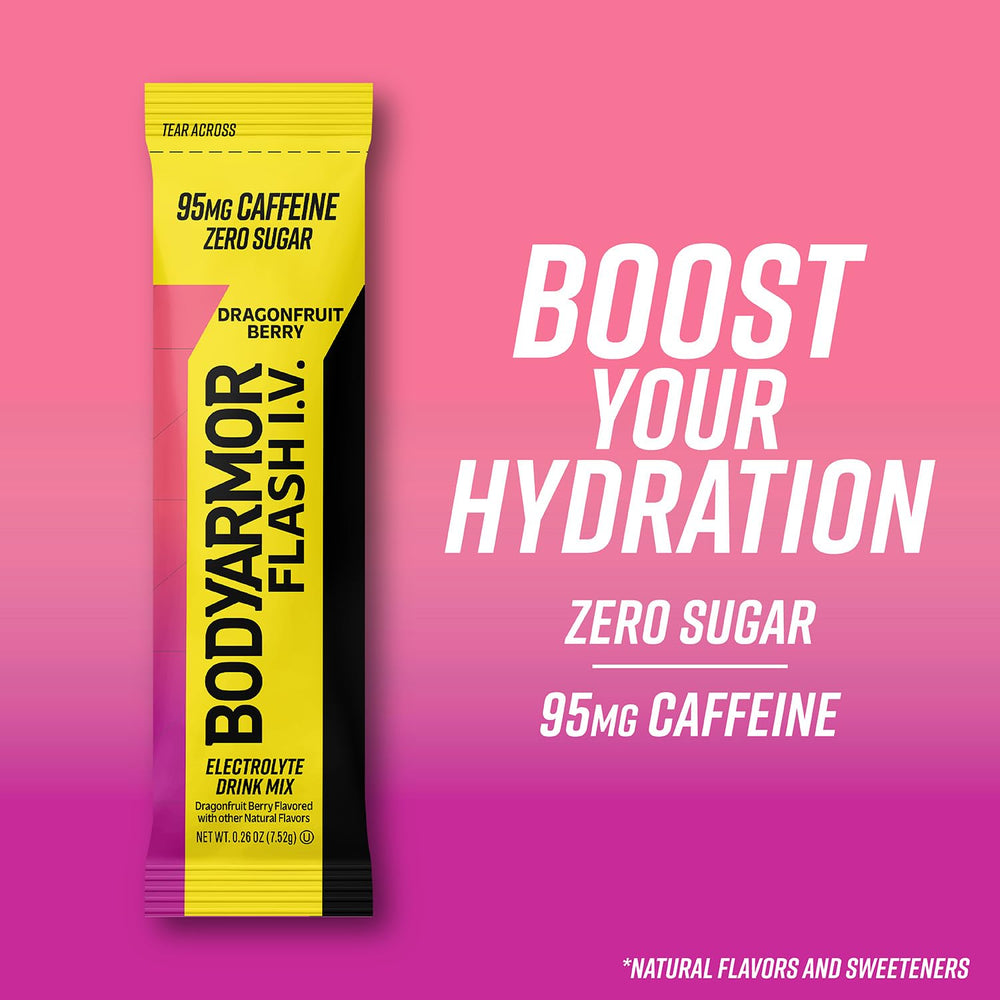 BODYARMOR Flash I.V. Dragonfruit Berry vitamins C and Zinc included.
