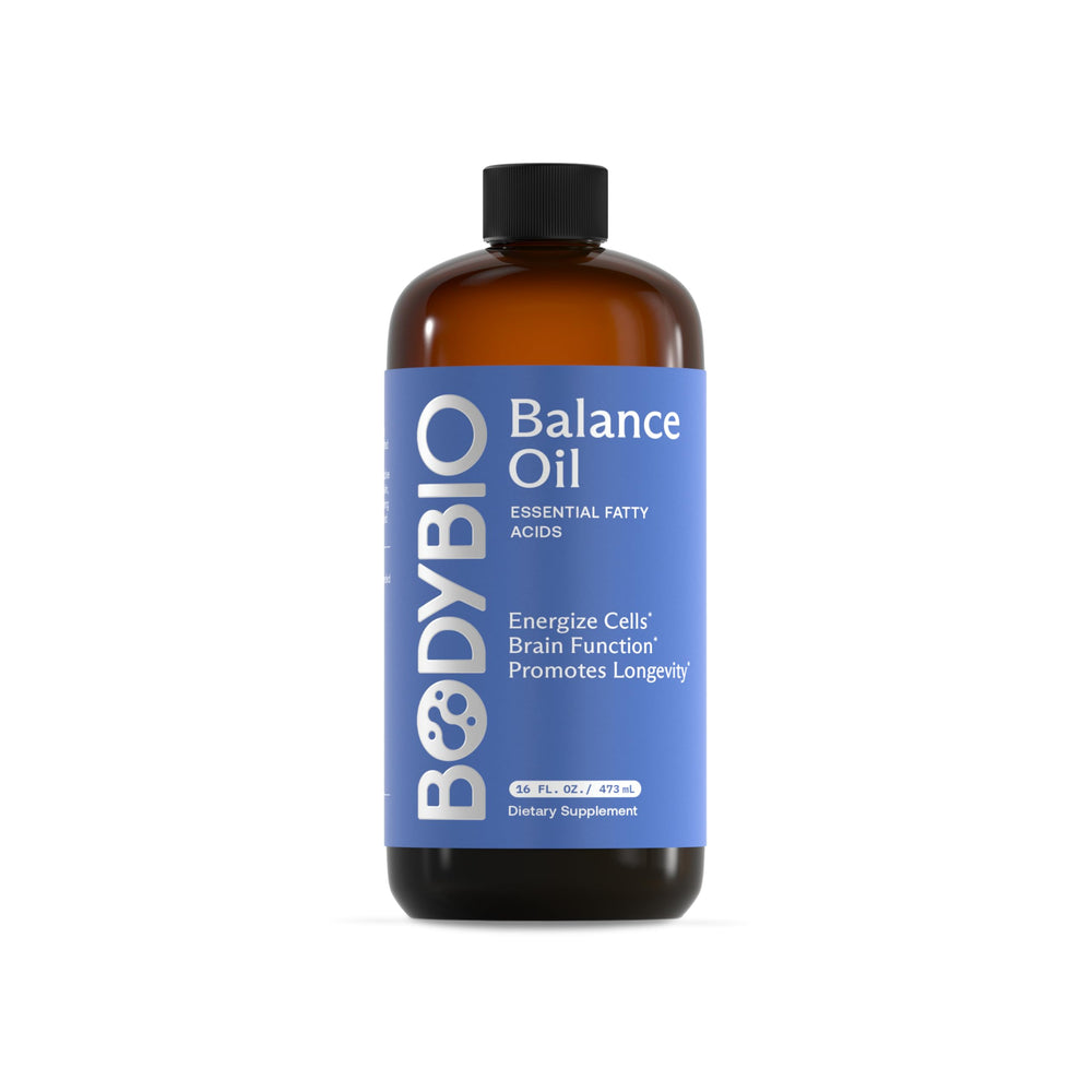 BodyBio Balance Oil bottle highlighting vegan omega blend for brain support