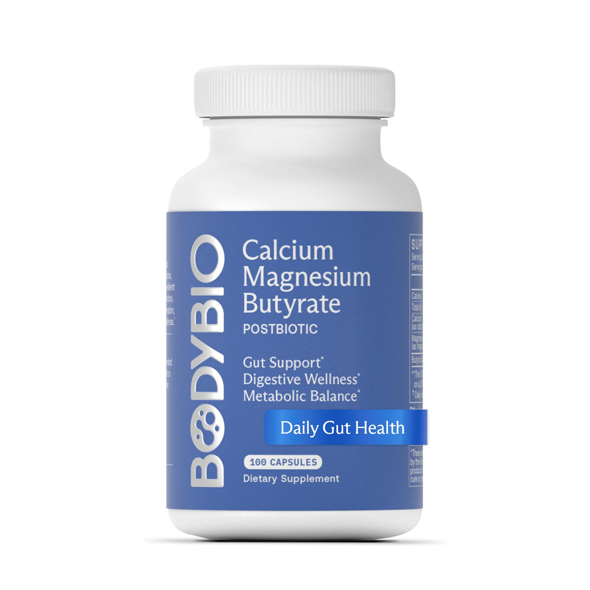 BodyBio Butyrate bottle front highlighting a postbiotic for gut health support.