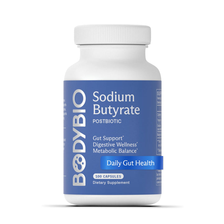 BodyBio Butyrate bottle label showcases gut health support and postbiotic benefits.