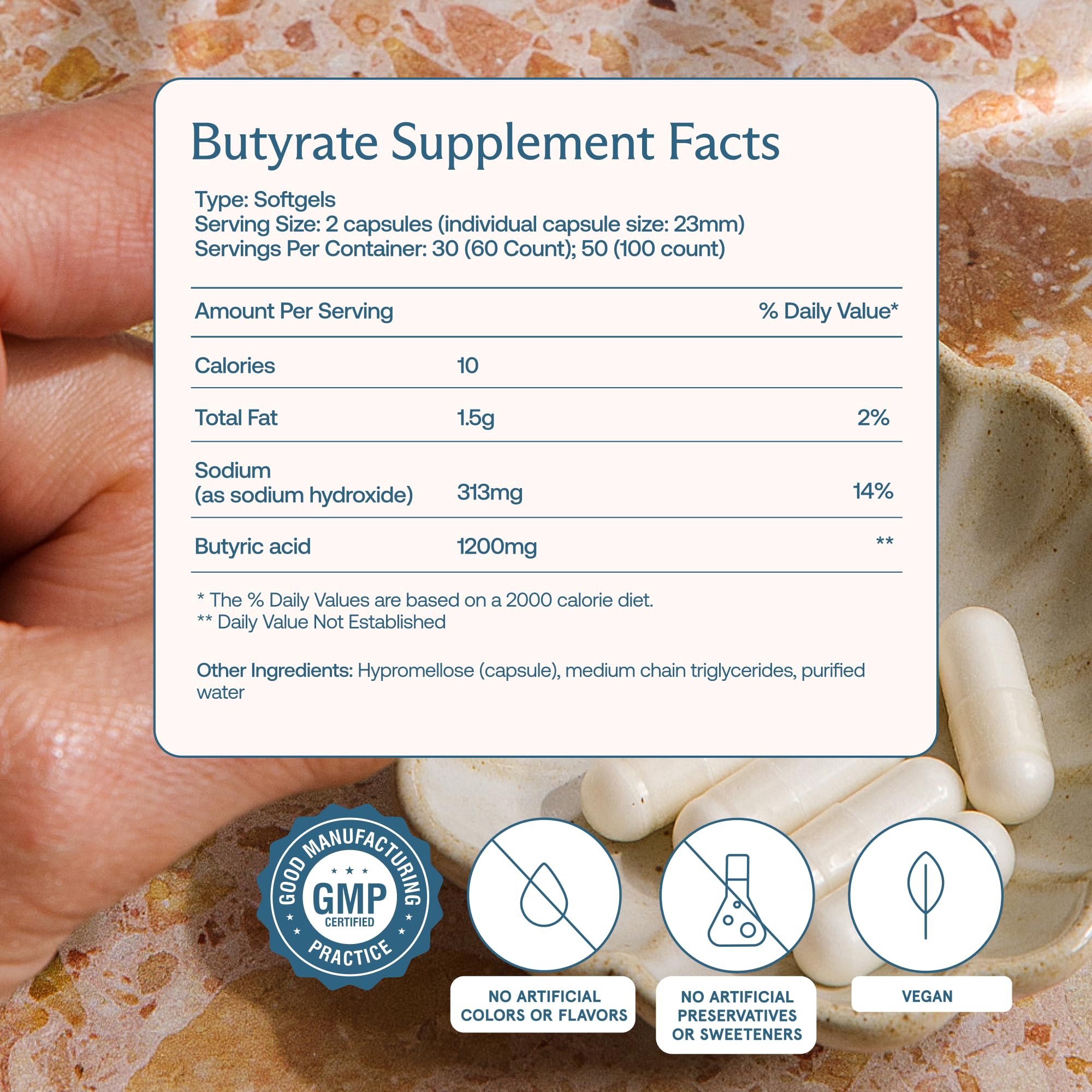 Closeup of BodyBio Butyrate capsules highlighting clean vegan formulation for digestion.