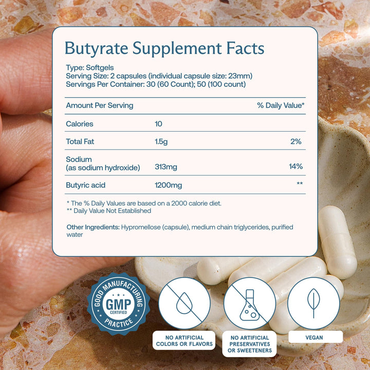 Closeup of BodyBio Butyrate capsules highlighting clean vegan formulation for digestion.